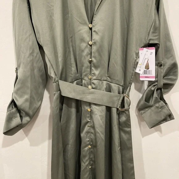NWT French Connection Olive Green Shirt Dress Medium M Midi Belted Satin Career - Picture 5 of 11